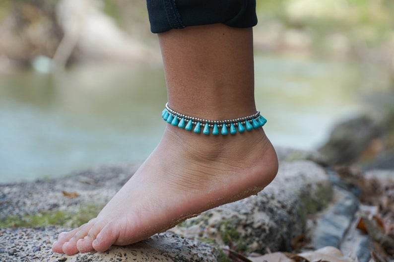 Turquoise Teardrop Bead Boho Silver Anklet - Big J's Showstoppin' Store